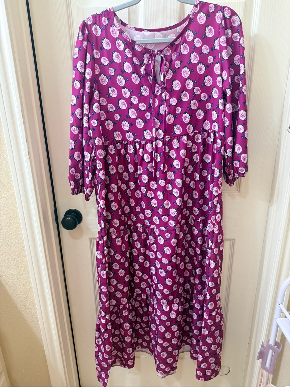 Purple Floral Tie-Neck Midi Dress